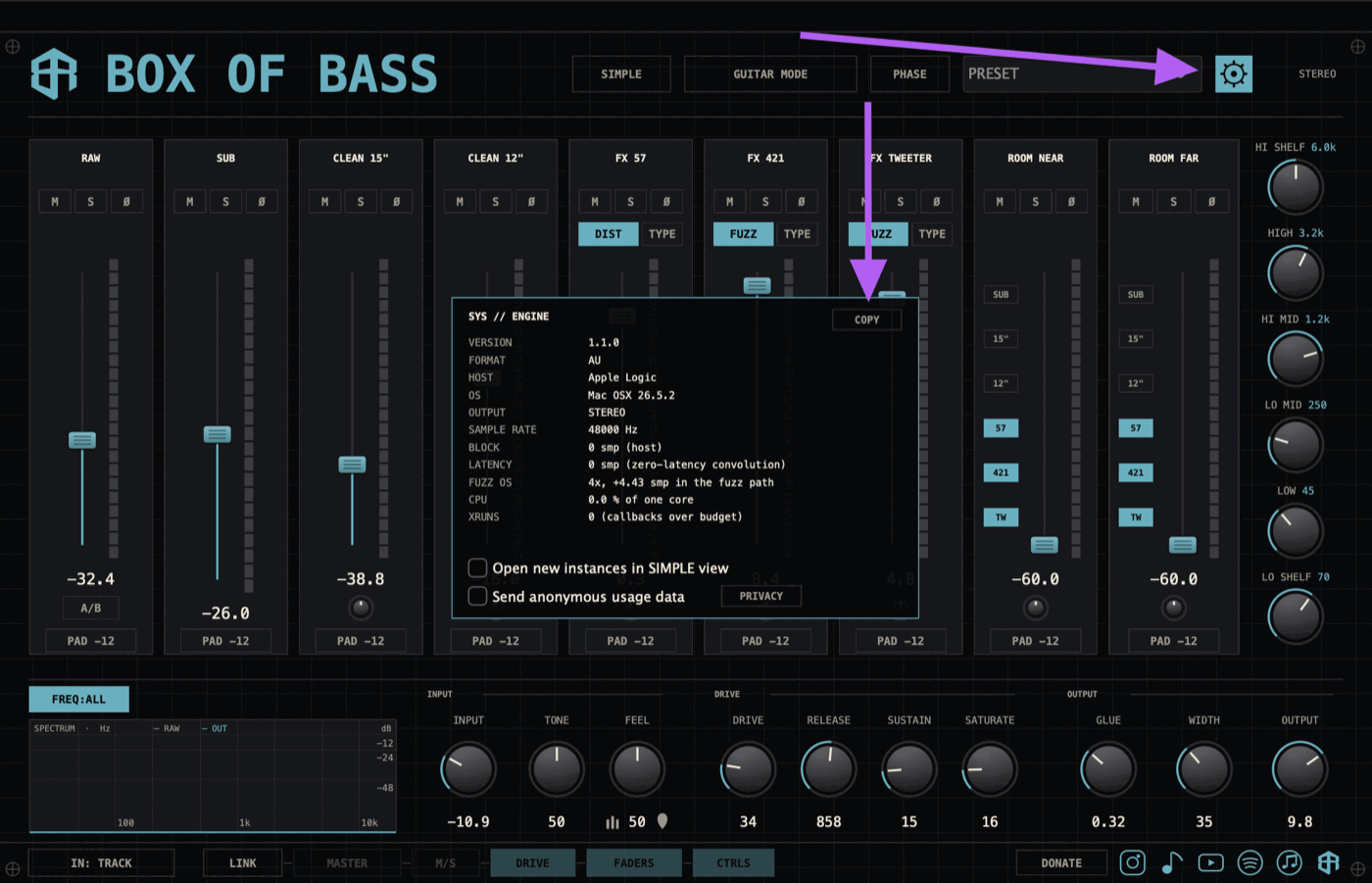 Box of Bass interface with arrows pointing to the cog button and the COPY button in the system panel