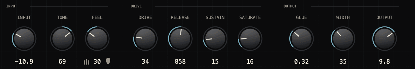 The new master bar with INPUT, DRIVE and OUTPUT sections