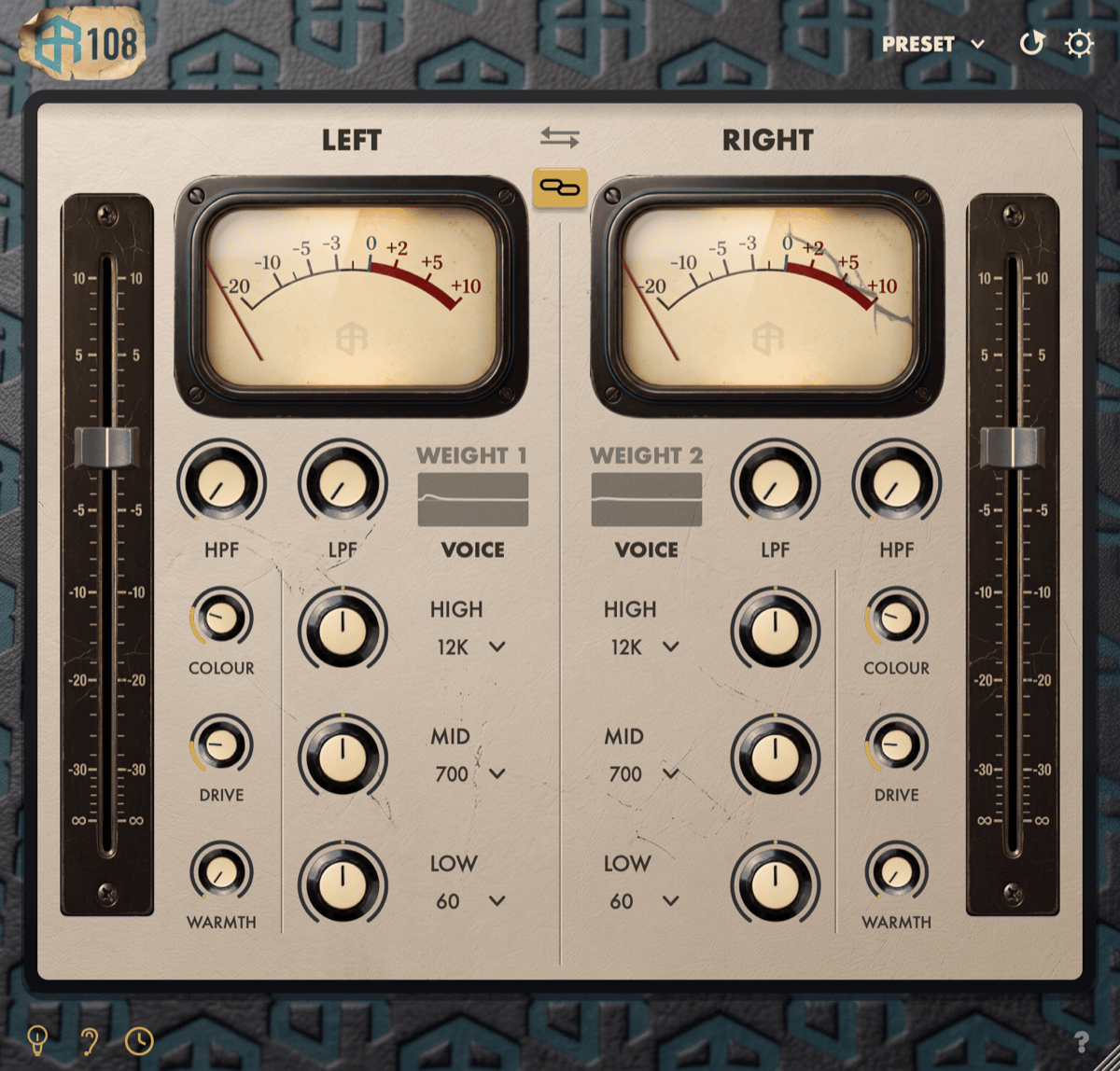 BR108 plugin interface: LEFT and RIGHT channel strips with VU meters, faders, COLOUR, DRIVE and WARMTH dials and the console EQ