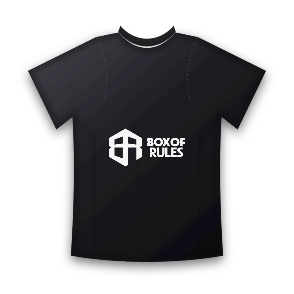 Black t-shirt with the full Box of Rules logo across the chest