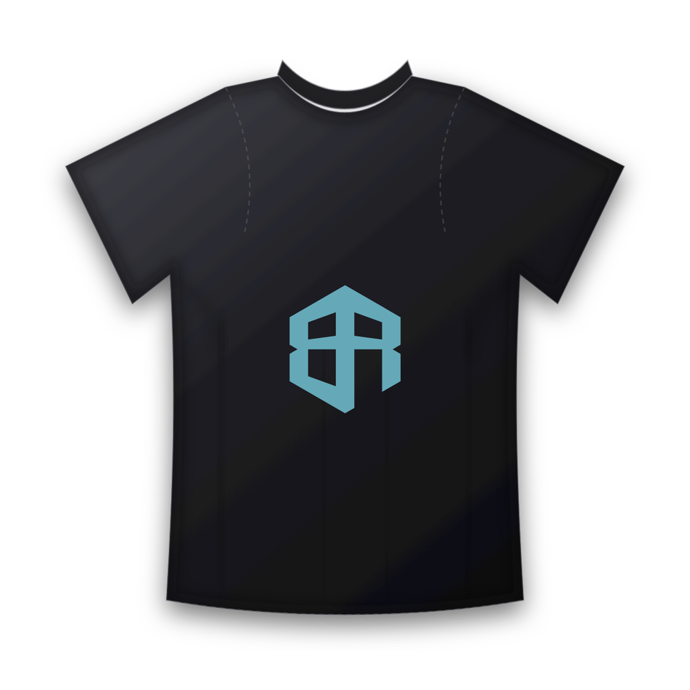 Black t-shirt with the large cyan Box of Rules icon