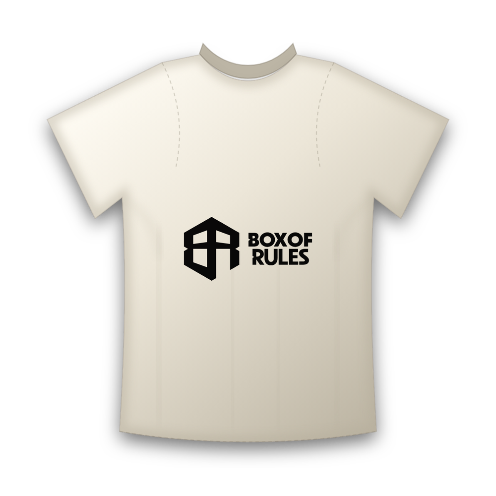 Bone-white t-shirt with the full Box of Rules logo in black