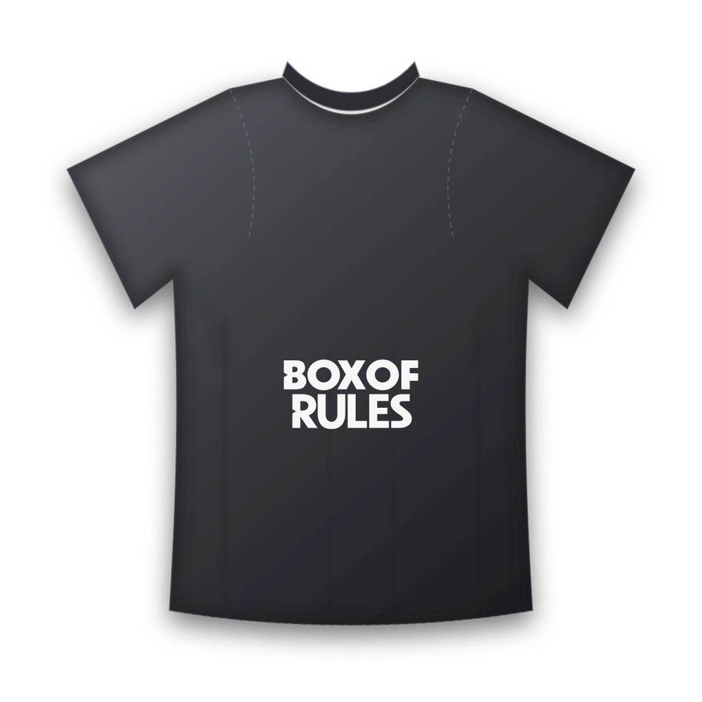 Charcoal t-shirt with the Box of Rules logotype