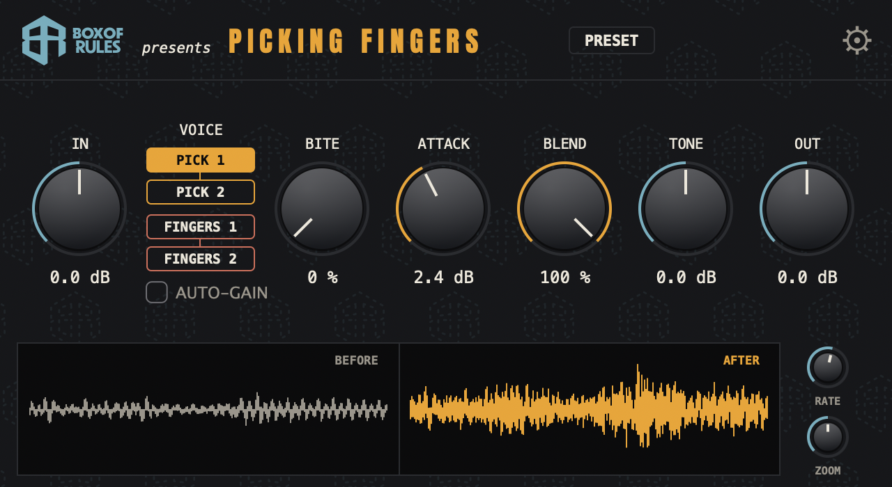 Picking Fingers 1.1.0 interface: IN, VOICE, BITE, ATTACK, BLEND, TONE and OUT dials over the BEFORE and AFTER scopes